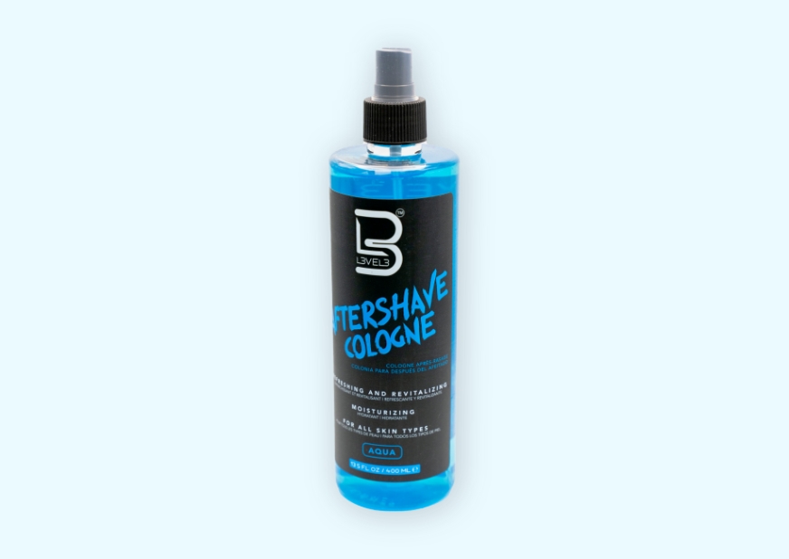 Blue colored cologne in spray bottle product